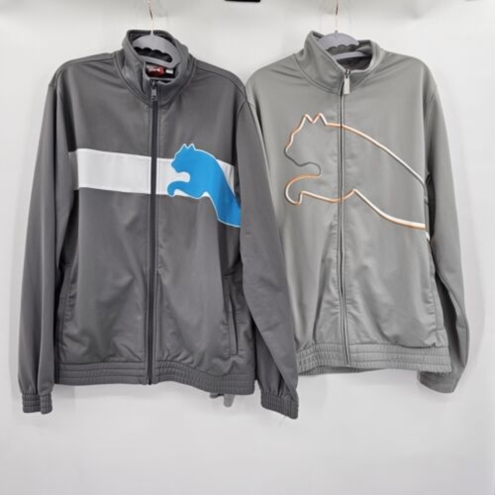 Puma Mens Medium Zip Up Track Jacket (Lot Of 2) Gray Logo Pockets 100% Polyester
